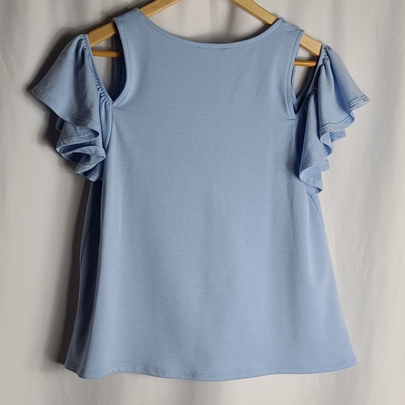 Everly | Sky Blue Ruffle Cold Shoulder V-Neck Tee - Picture 8 of 8